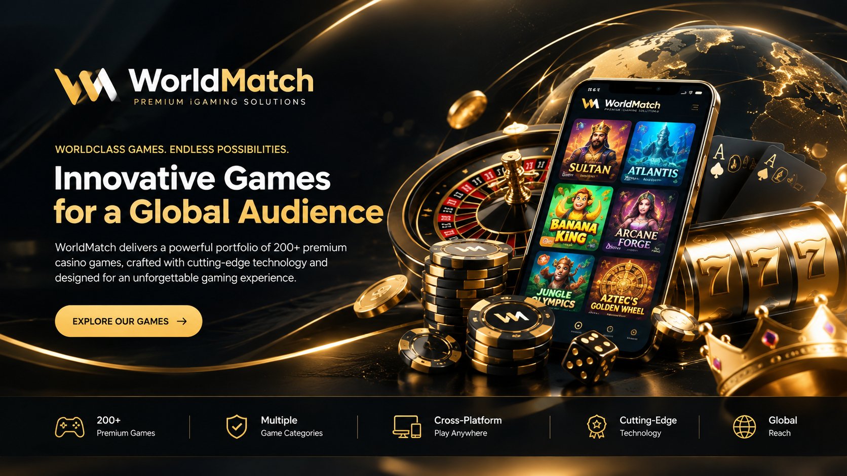 WorldMatch Premium iGaming Solutions banner showing the WorldMatch mobile game lobby, roulette wheel, casino chips and slot reels